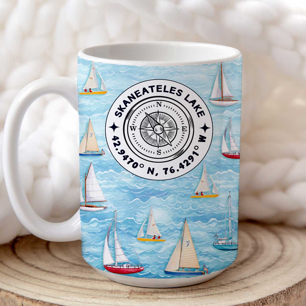 Sailboats Compass Rose, Customized with your favorite lake - 15oz Mug