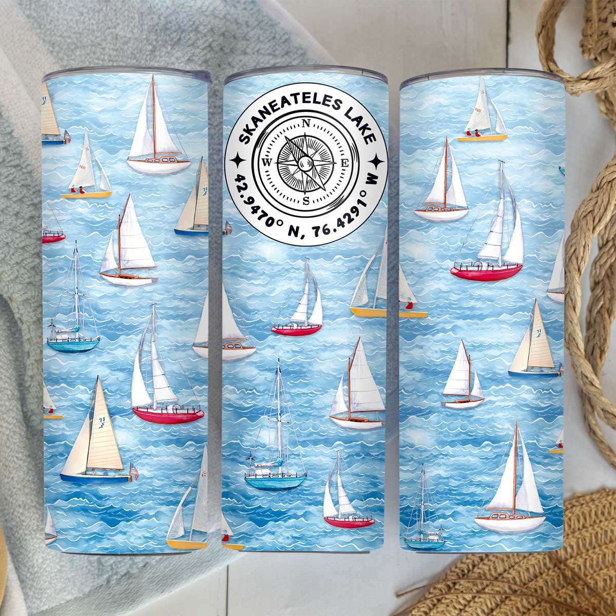 Skaneateles Sailboats Skinny Stainless Steel Hot or Cold Tumbler