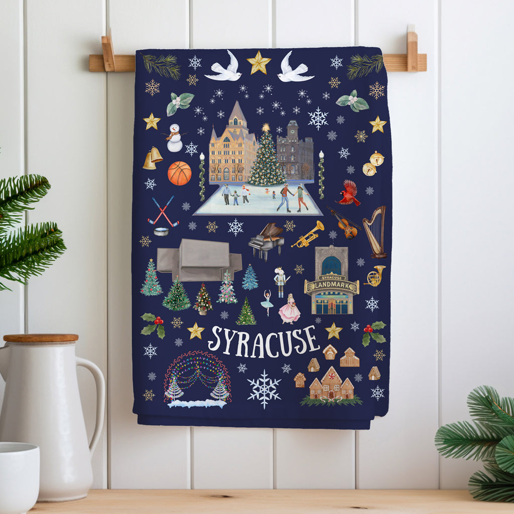 Syracuse, NY Folk Christmas Full Print Tea Towel