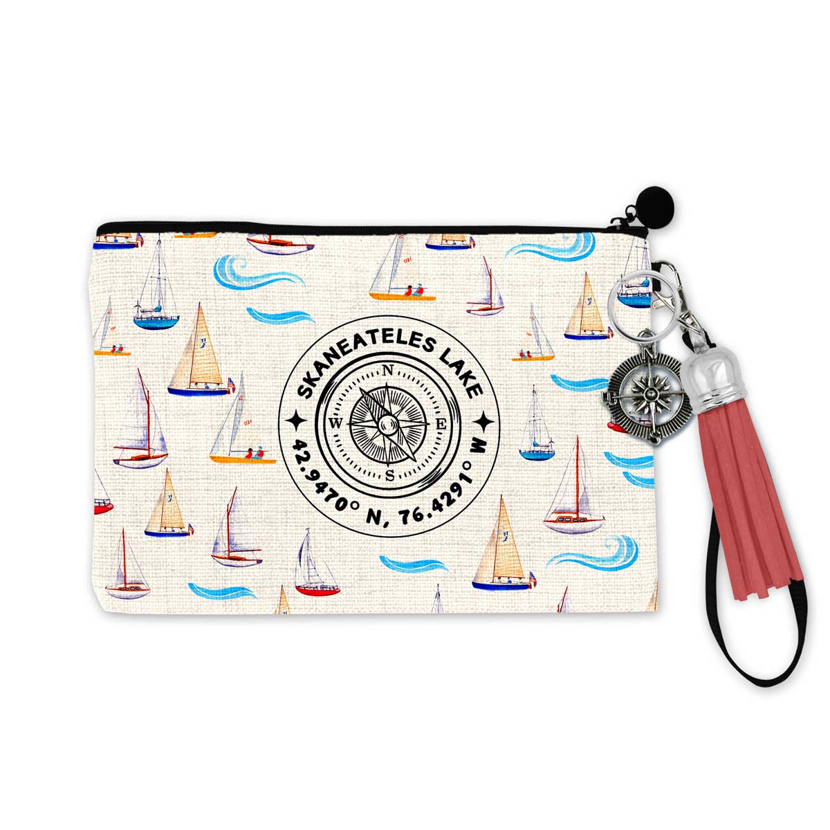 Skaneateles Lake Sailboats Cabana Stripe Zipper Accessory Pouch with Tassel