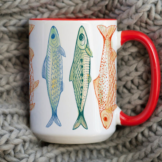 Vintage Sardine Trend Colorful Sketch 15oz Mug with Red Accent Handle
