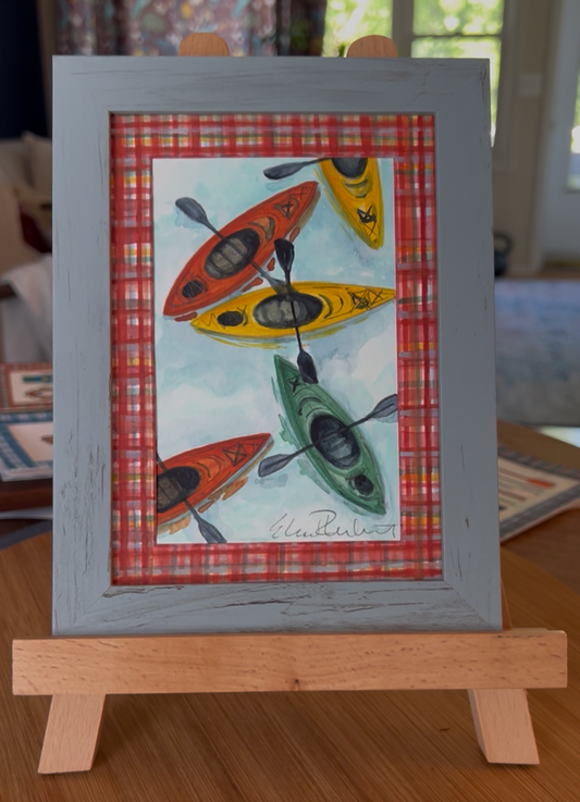 Before we push off  — Original Watercolor with Hand-Painted Mat, Brown Wood Frame