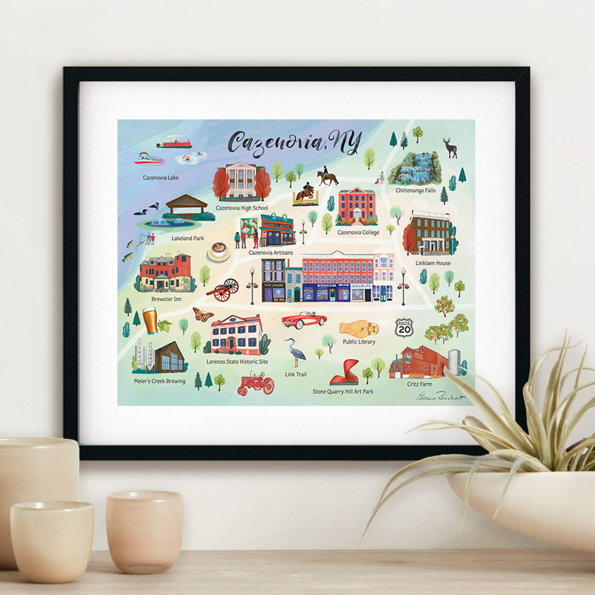 Cazenovia NY Illustrated Map, Hand Painted Illustration - Fine Art Print - Made in the USA