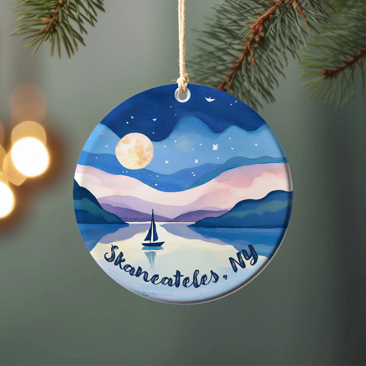 Skaneateles Lake Sailboat Ornament – Ceramic Christmas Ornament with Full Moon Watercolor Art