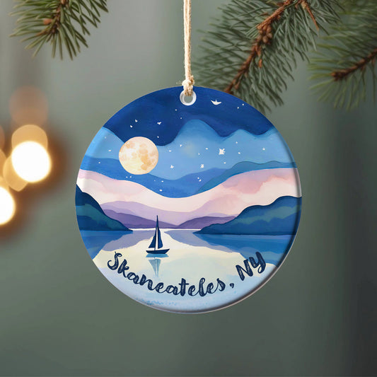 Skaneateles Lake Sailboat Ornament – Ceramic Christmas Ornament with Full Moon Watercolor Art