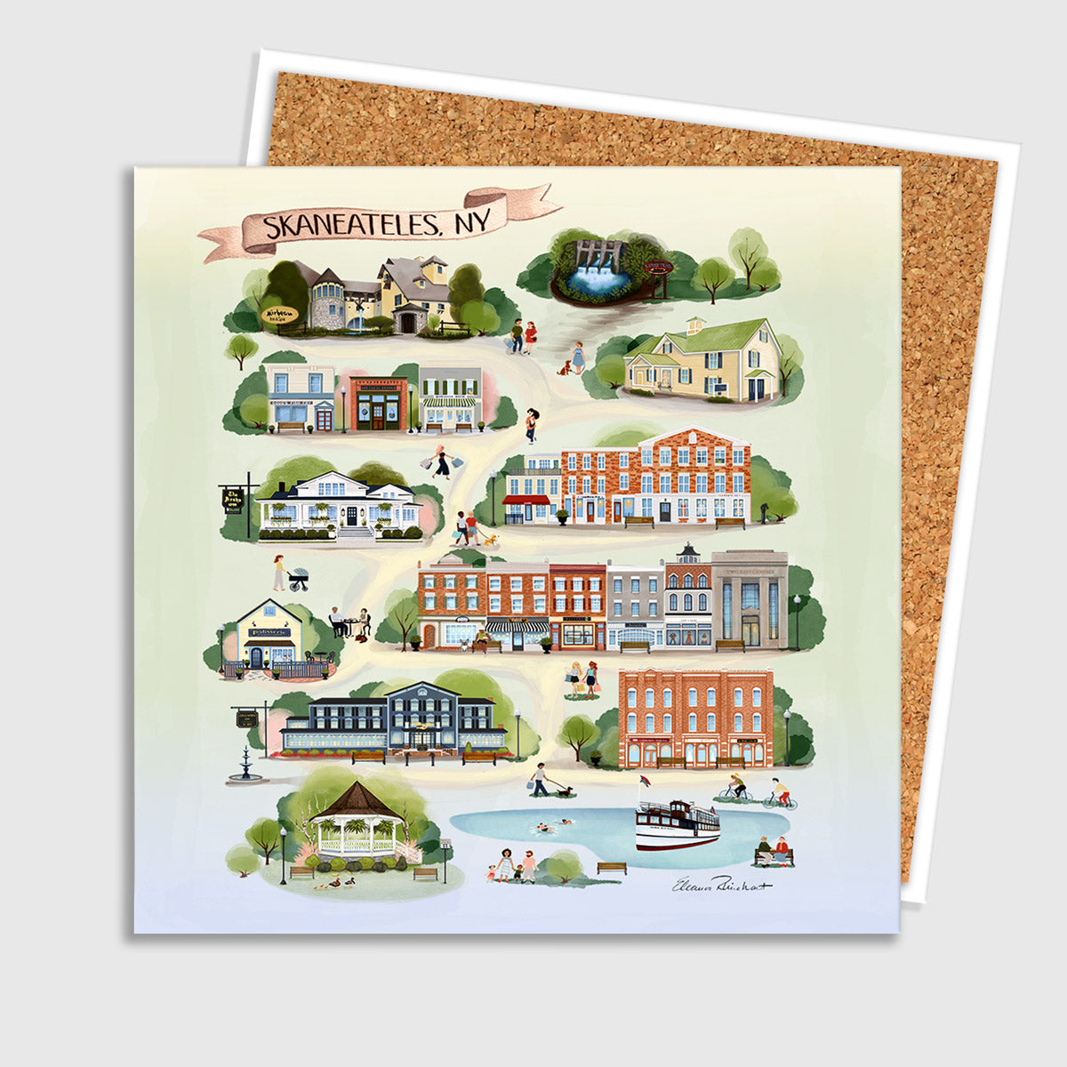 Skaneateles, NY Map Ceramic Art Tile – Illustrated Coaster with Cork Backing