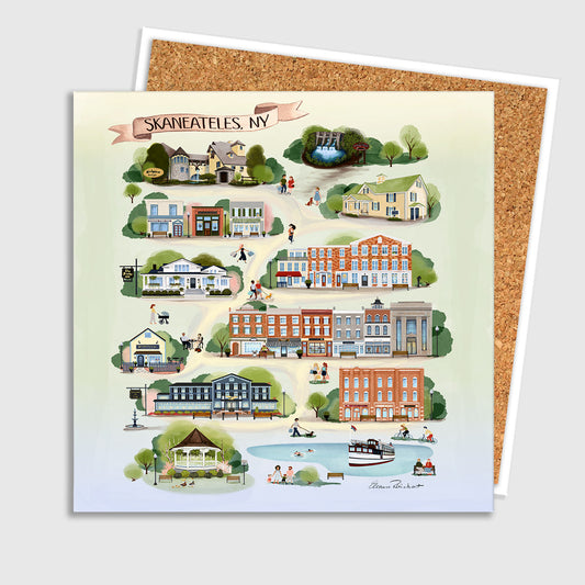 Skaneateles, NY Map Ceramic Art Tile – Illustrated Coaster with Cork Backing