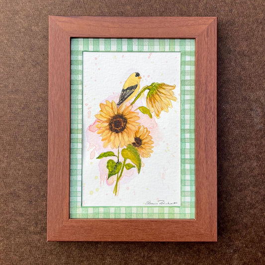 Sunflowers & Goldfinch — Original Watercolor with Hand-Painted Mat, Wood Frame (3.5" x 5.5")