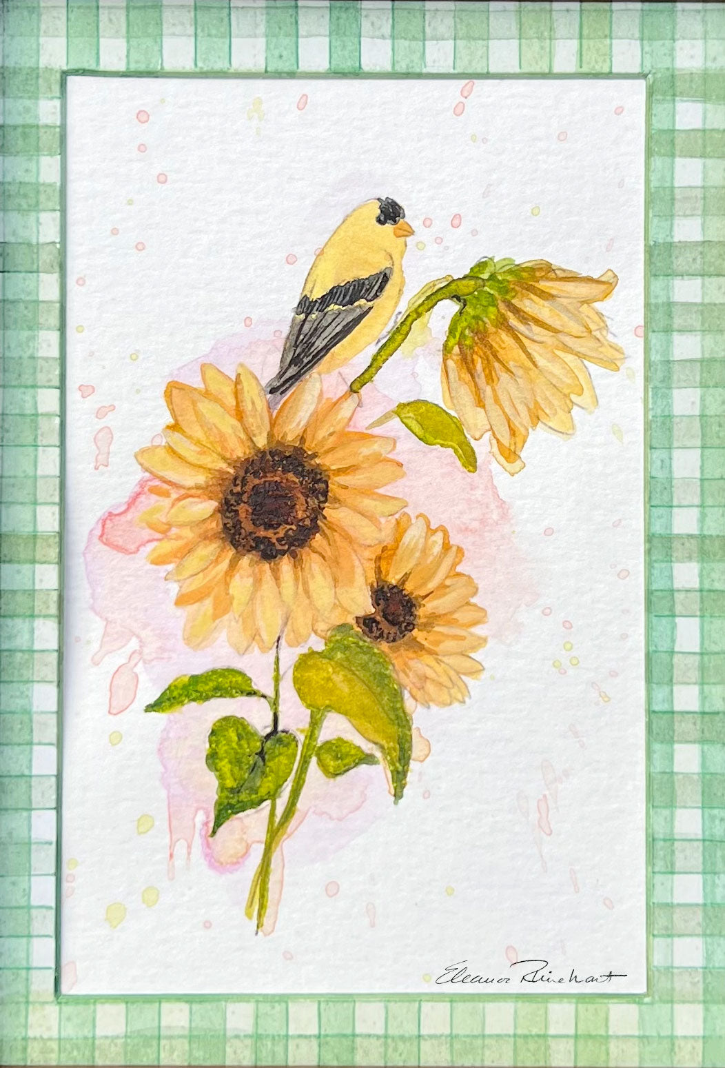 Sunflowers & Goldfinch — Original Watercolor with Hand-Painted Mat, Wood Frame (3.5" x 5.5")