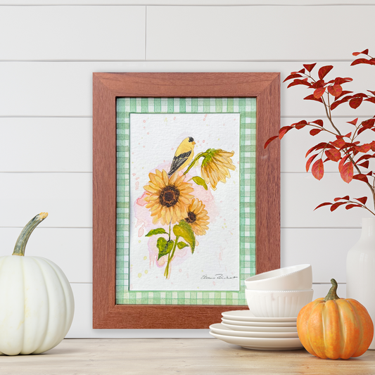 Sunflowers & Goldfinch — Original Watercolor with Hand-Painted Mat, Wood Frame (3.5" x 5.5")