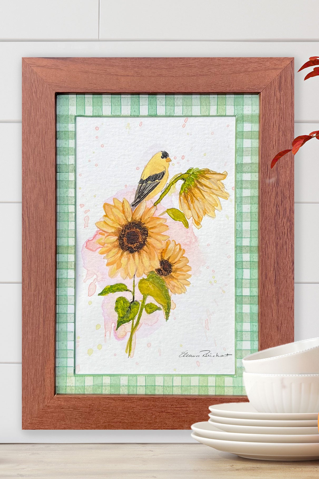 Sunflowers & Goldfinch — Original Watercolor with Hand-Painted Mat, Wood Frame (3.5" x 5.5")