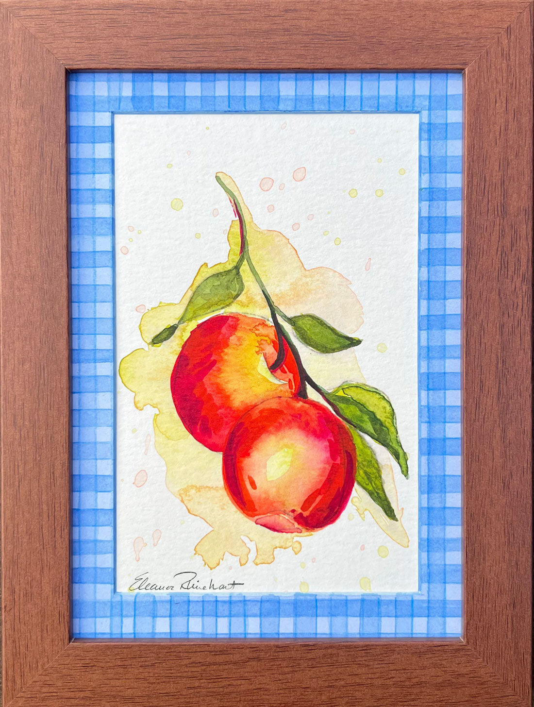Two Apples, Blue Gingham — Original Watercolor with Hand-Painted Mat, Brown Wood Frame (3.5" x 5.5")