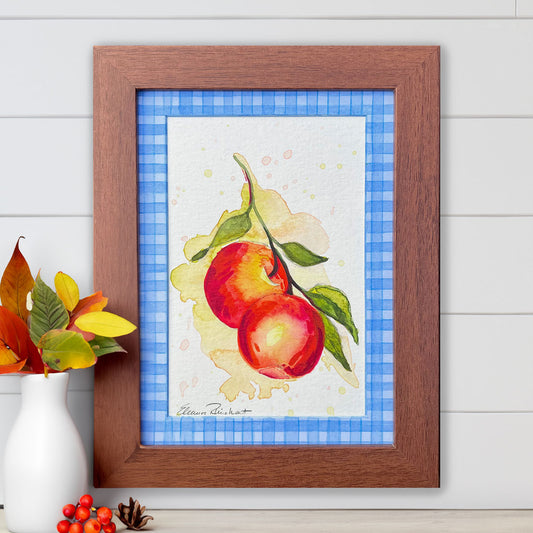 Two Apples, Blue Gingham — Original Watercolor with Hand-Painted Mat, Brown Wood Frame (3.5" x 5.5")