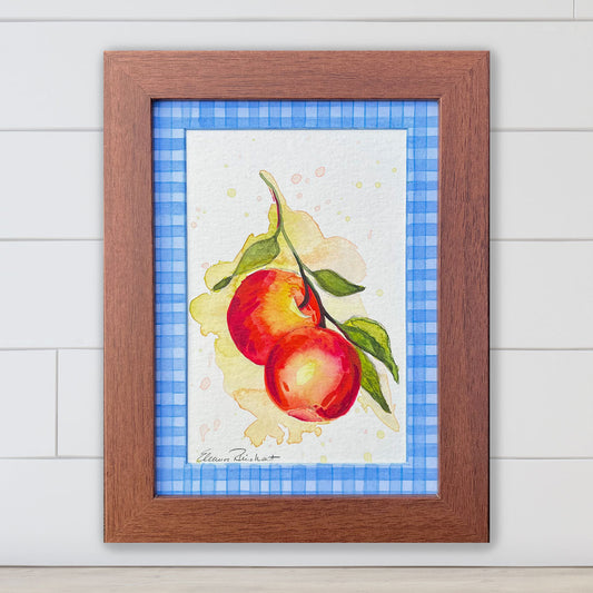 Two Apples, Blue Gingham — Original Watercolor with Hand-Painted Mat, Brown Wood Frame (3.5" x 5.5")