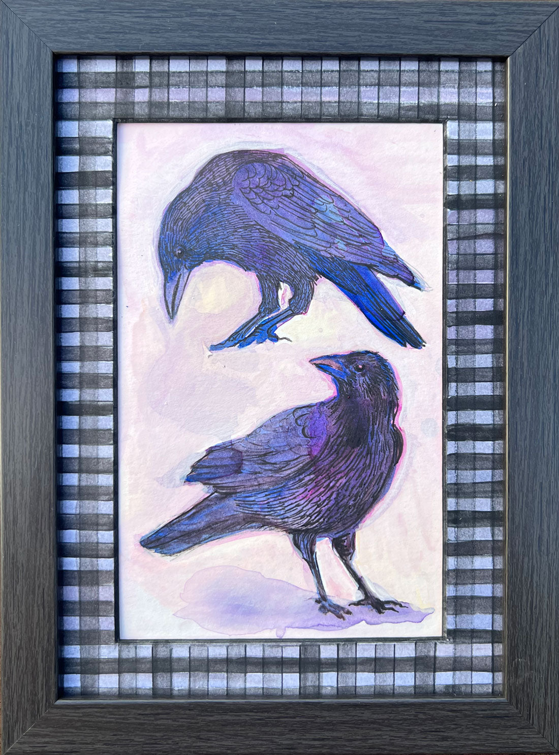 Two Crows — Original Watercolor with Hand-Painted Mat, Black Wood Frame (3.5" x 5.5")