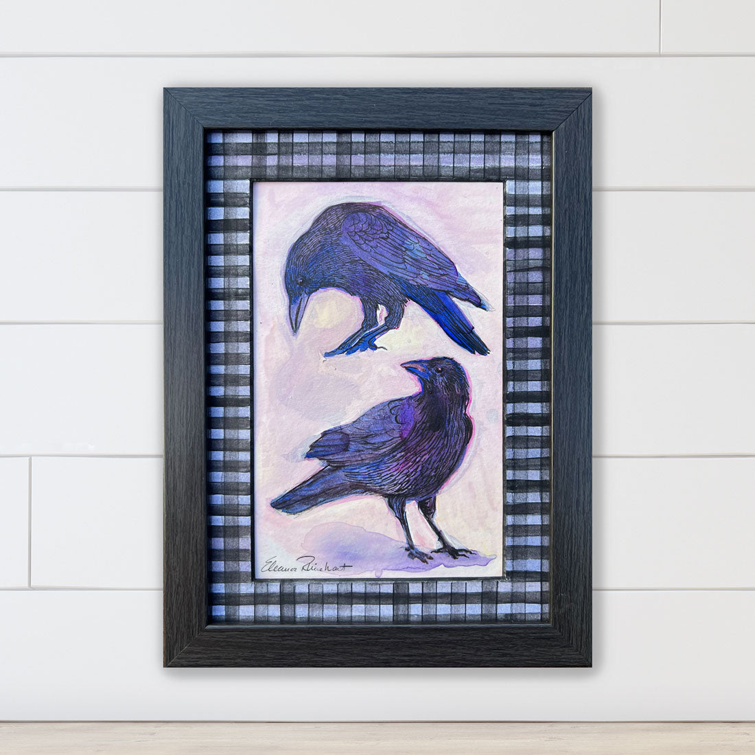 Two Crows — Original Watercolor with Hand-Painted Mat, Black Wood Frame (3.5" x 5.5")