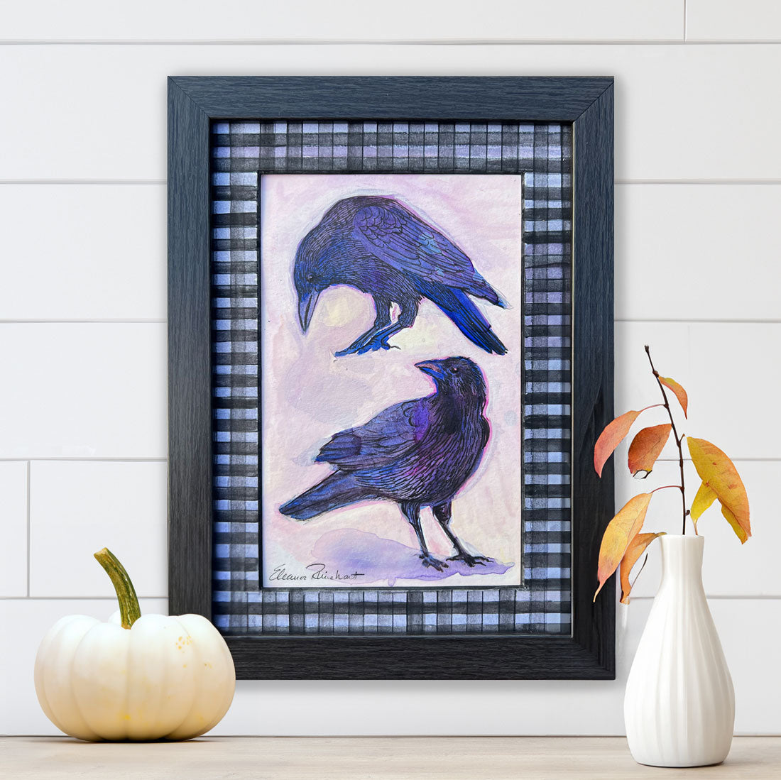Two Crows — Original Watercolor with Hand-Painted Mat, Black Wood Frame (3.5" x 5.5")