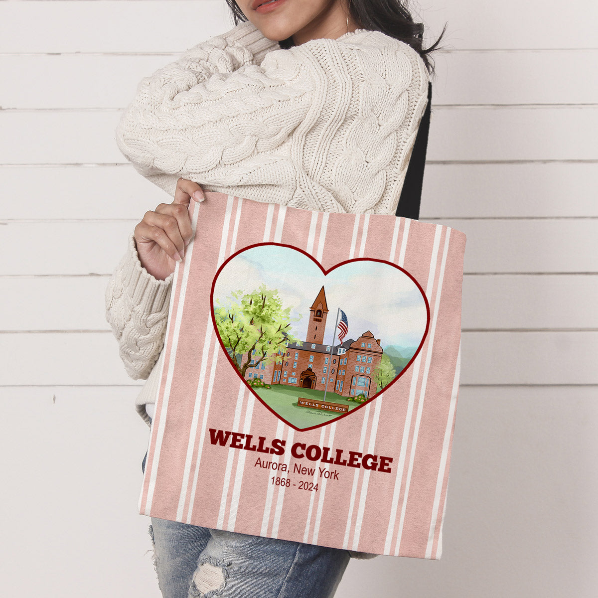 Wells College, Red Cabana Stripe, XL Tote Bag