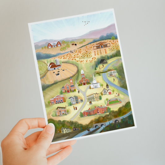 Marcellus NY, Autumn/Fall Hand Painted Illustration,  Folded Notecard Set 5, Made in the USA