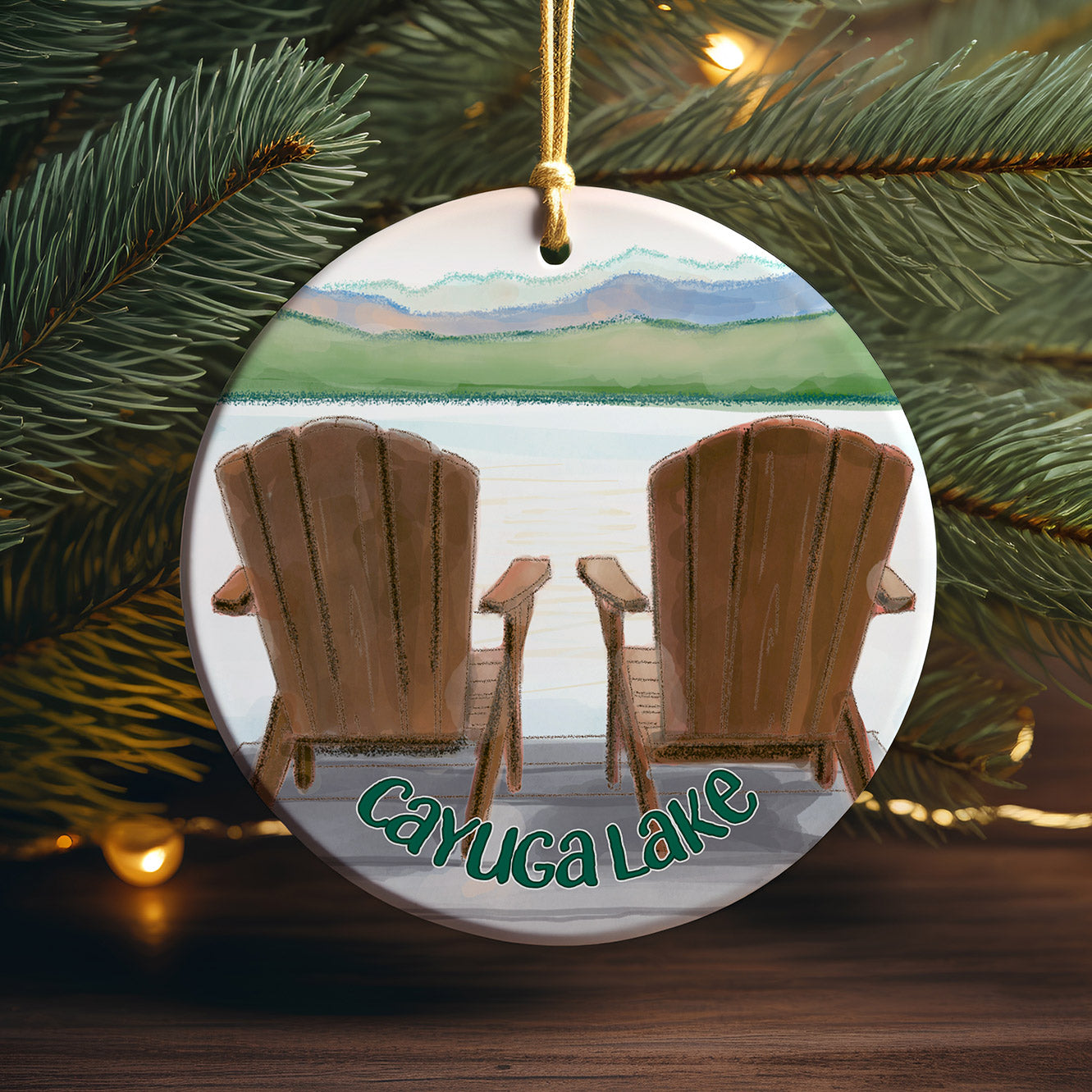 Cayuga Lake Chairs on the Dock Scene Porcelain Ornament