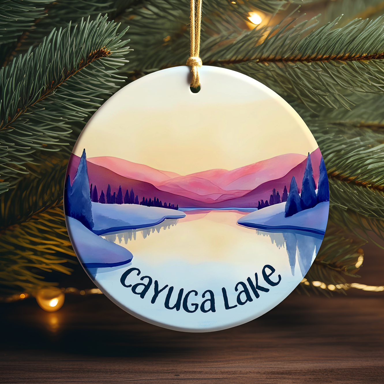 Cayuga Lake Winter Scene Porcelain Ornament
