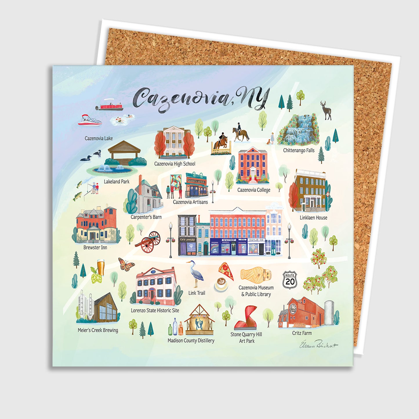 Cazenovia, NY Map Ceramic Art Tile – Illustrated Coaster with Cork Backing