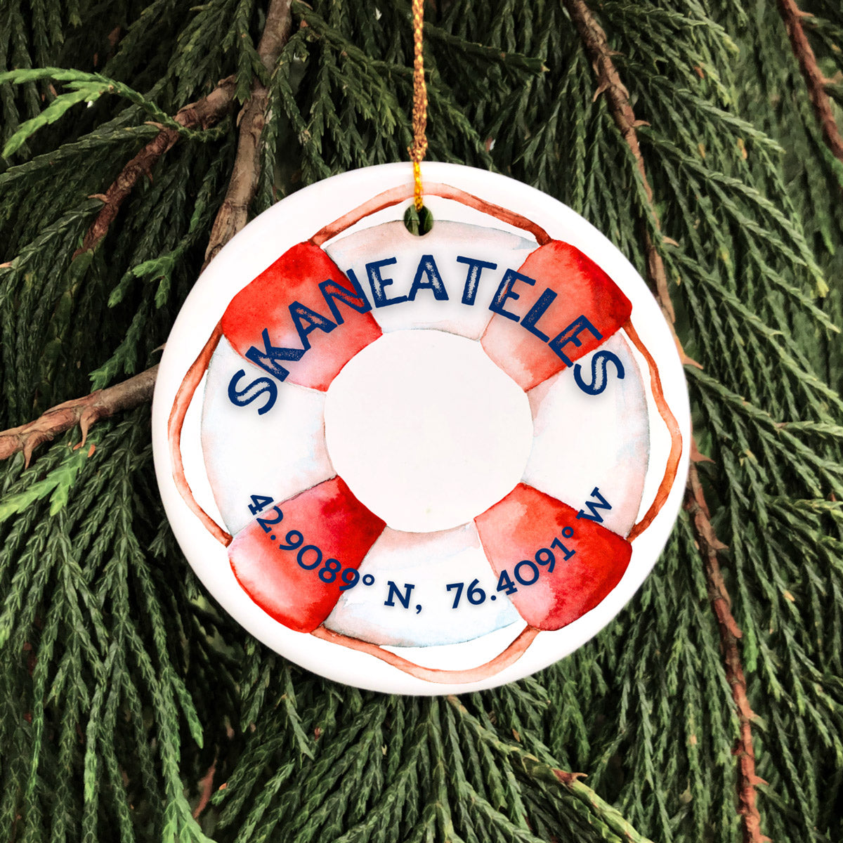 Skaneateles Lake Life Ring Porcelain Ornament