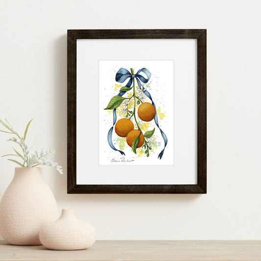 Blue Ribbon Oranges — Original Watercolor Painting, Black Wood Frame 9.5"x11.5"