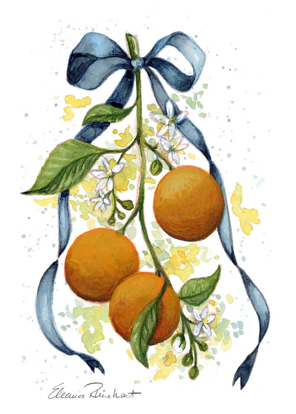 Blue Ribbon Oranges — Original Watercolor Painting, Black Wood Frame 9.5"x11.5"