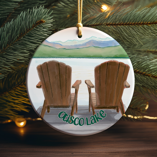 Otisco Lake Chairs on the Dock Scene Porcelain Ornament