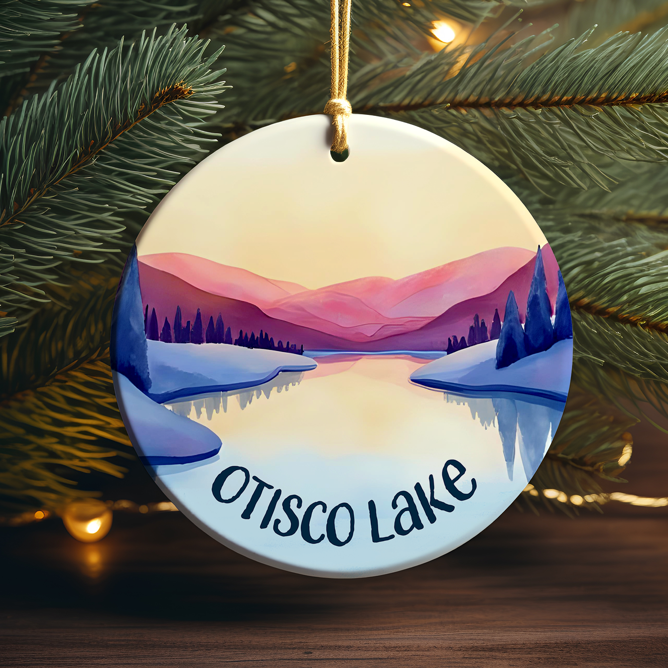 Otisco Lake Winter Scene Porcelain Ornament