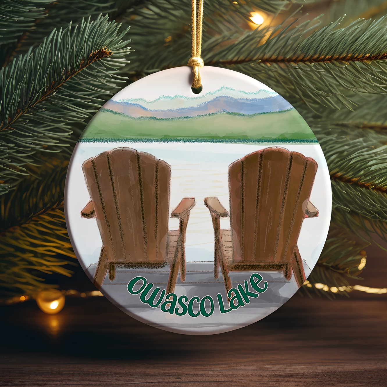 Owasco Lake Chairs on the Dock Scene Porcelain Ornament