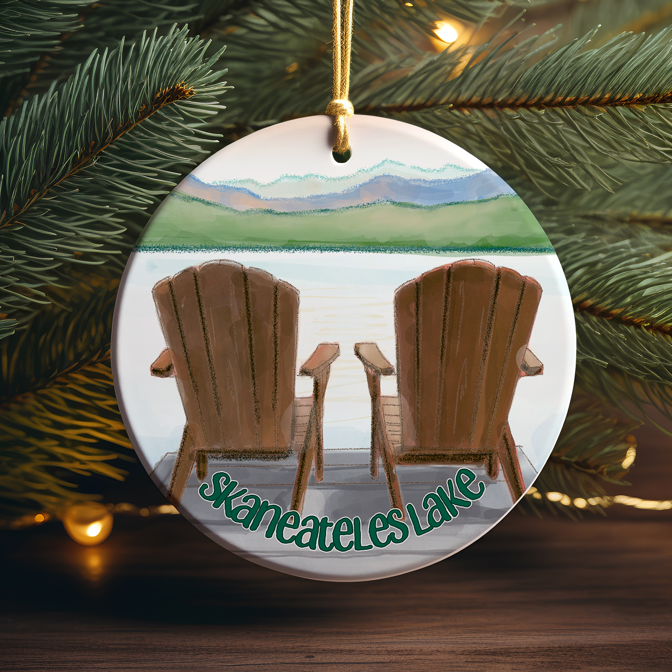 Skaneateles Lake Chairs on the Dock Scene Porcelain Ornament
