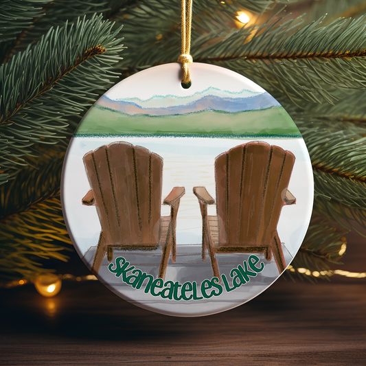 Skaneateles Lake Chairs on the Dock Scene Porcelain Ornament