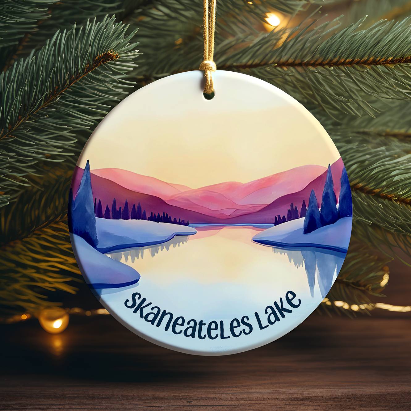 Skaneateles Lake Winter Scene Porcelain Ornament