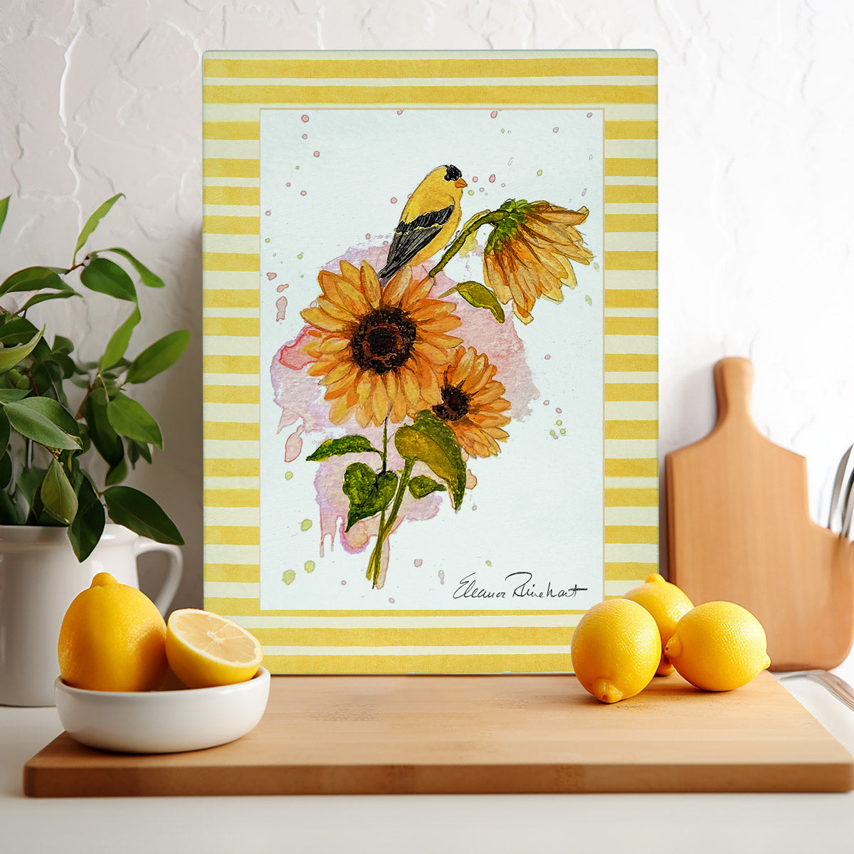Sunflower and Goldfinch Glass Cutting and Charcuterie Board