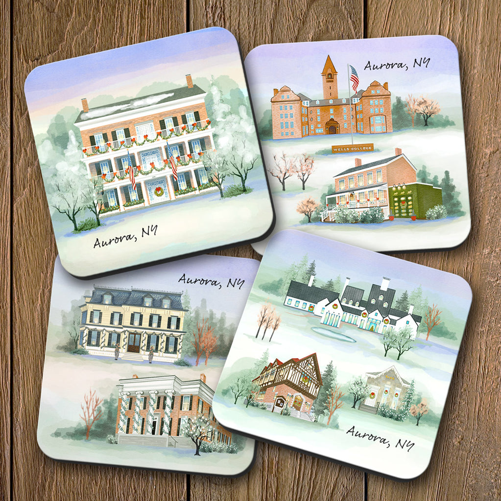 Aurora, NY Christmas Coaster Set