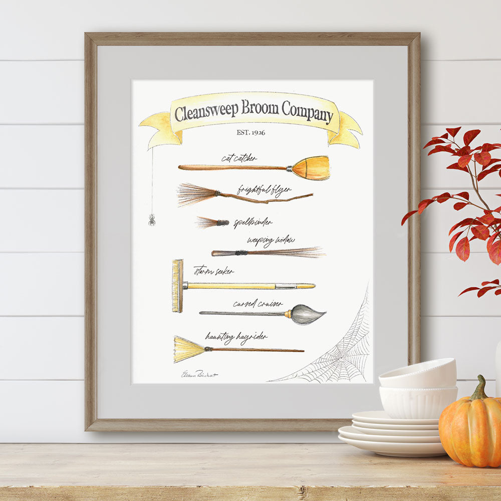 Cleansweep Broom Company Art Print, Witches' Brooms Halloween Decor