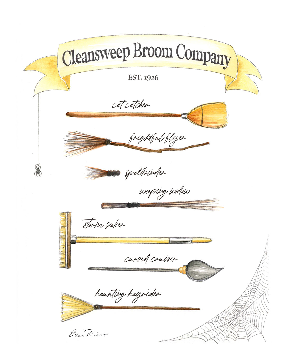 Cleansweep Broom Company Art Print, Witches' Brooms Halloween Decor