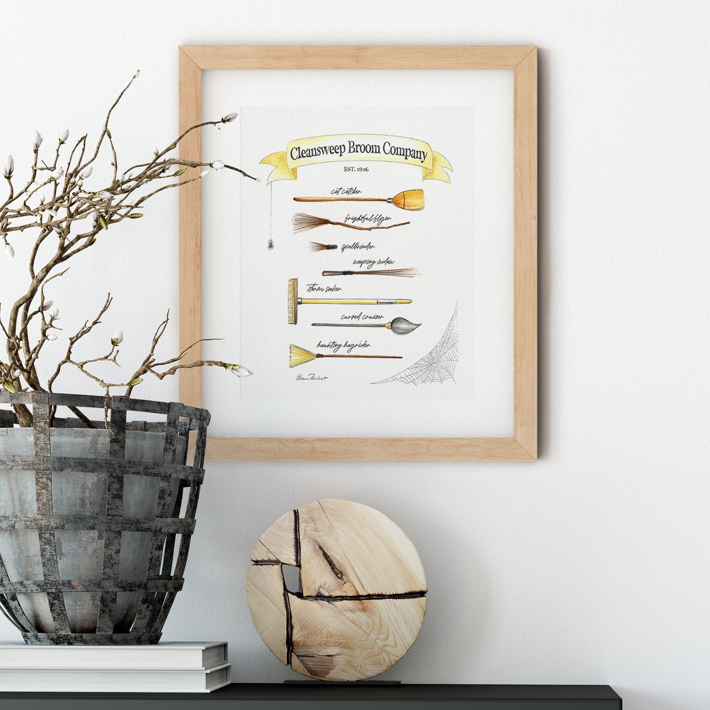 Cleansweep Broom Company Art Print, Witches' Brooms Halloween Decor