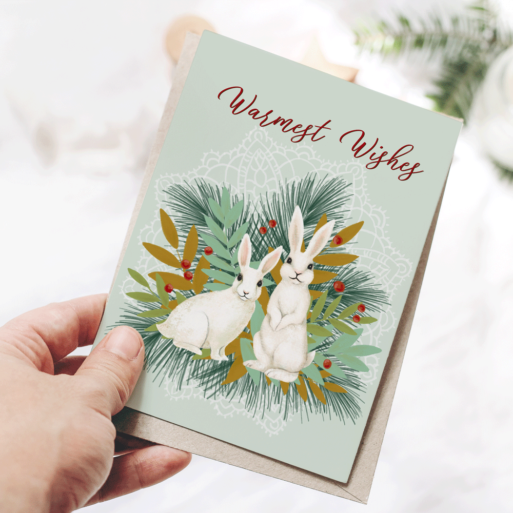 Two Bunnies Warmest Wishes Holiday 5x7 Greeting Card *Custom printed item*