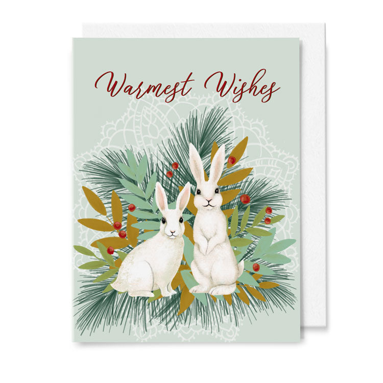 Two Bunnies Warmest Wishes Holiday 5x7 Greeting Card *Custom printed item*