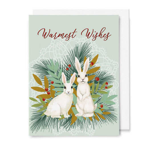 Two Bunnies Warmest Wishes Holiday 5x7 Greeting Card *Custom printed item*