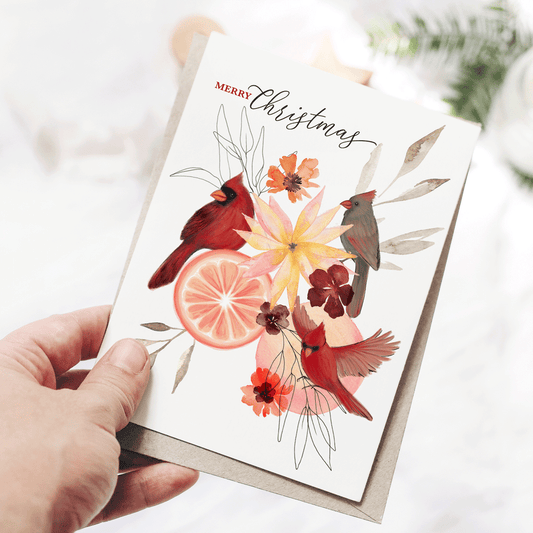 Christmas Cardinals and Citrus Blooms 5x7 Greeting Card