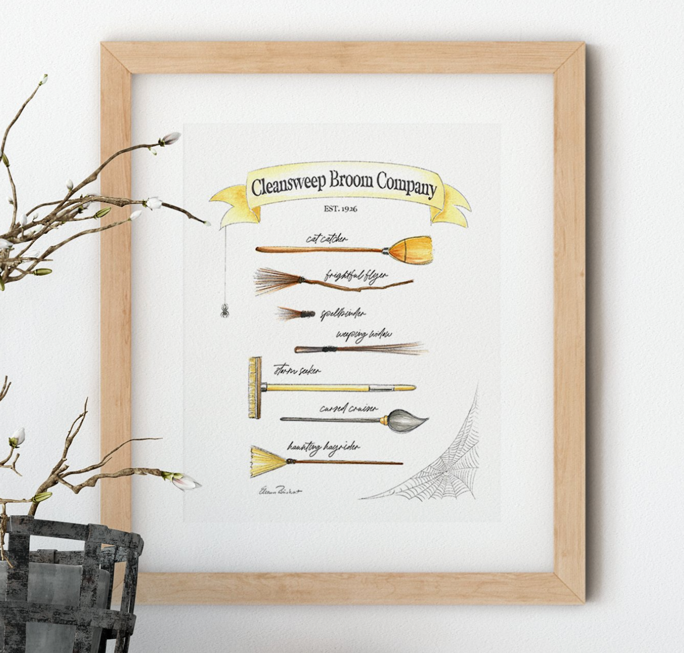 Cleansweep Broom Company Art Print, Witches' Brooms Halloween Decor