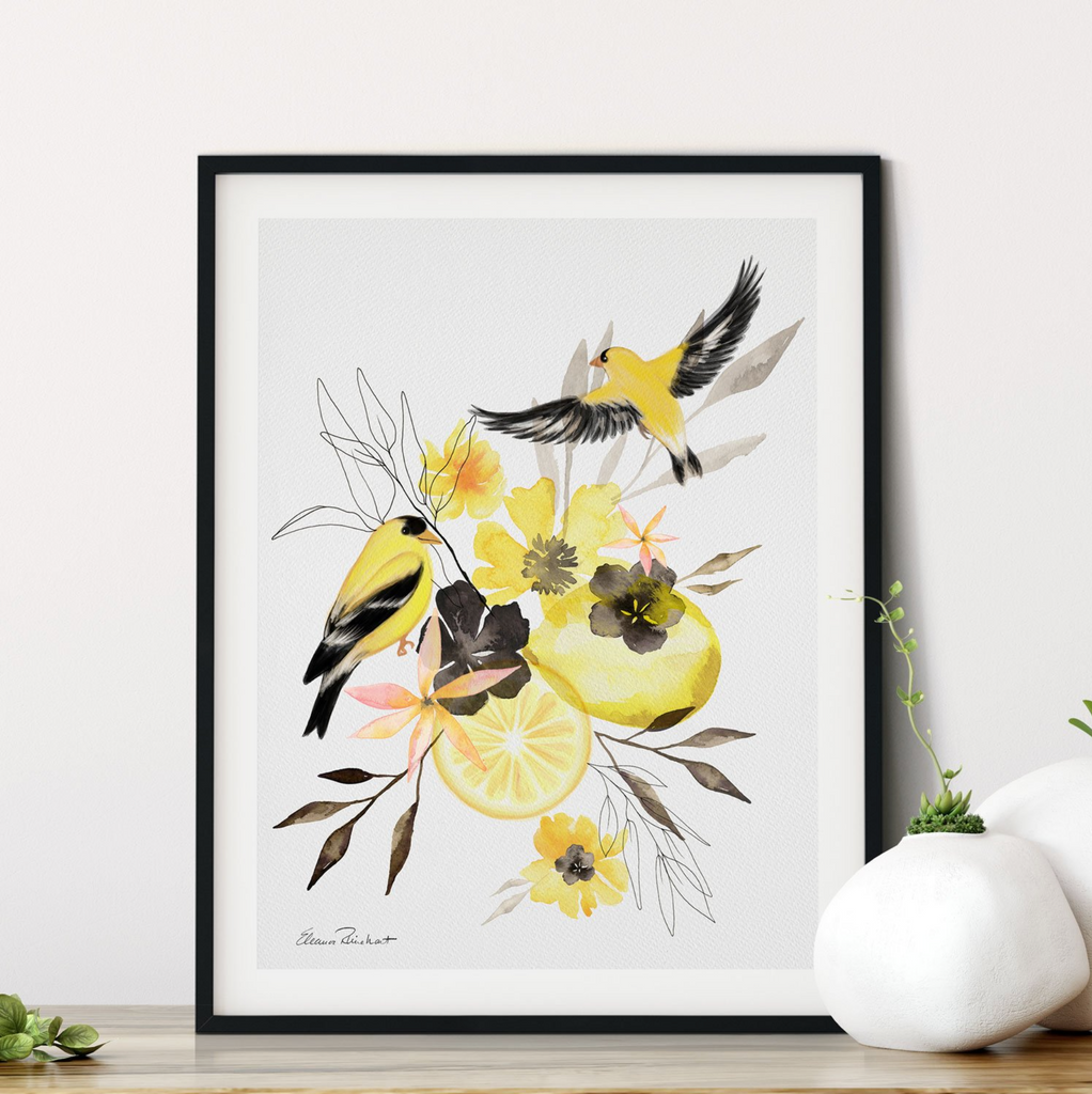 Goldfinch, Lemon and Blooms Modern Watercolor Art Print